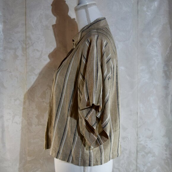 Banana Republic Linen Blend Boxy Cropped Button-Up Shirt | Neutral Beige Stripe - Picture 3 of 6